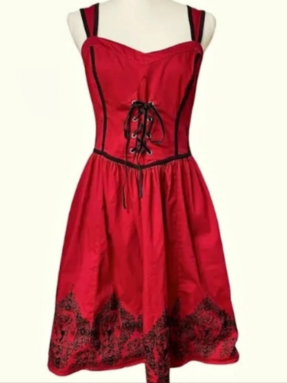 Hot Topic Red and Black Brocade Lace Up Dress Red & Black Brocade Lace Up Mini